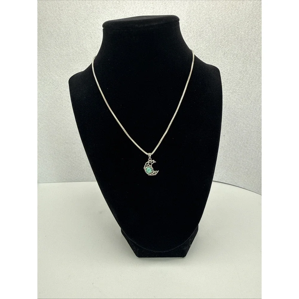 Rare Blue & Green Variscite Cabachon Moon On Sterling  Silver Box Chain 15